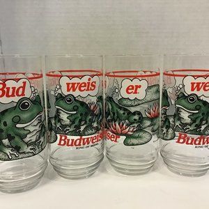 4 Budweiser Frog 1990`s cooler glasses 16 oz